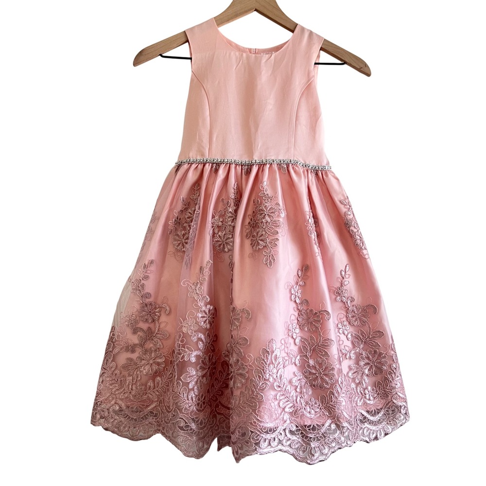 Tahari Girls Size 7 Dusty Pink Party Dress Embroidered Floral Lace Rhinestone